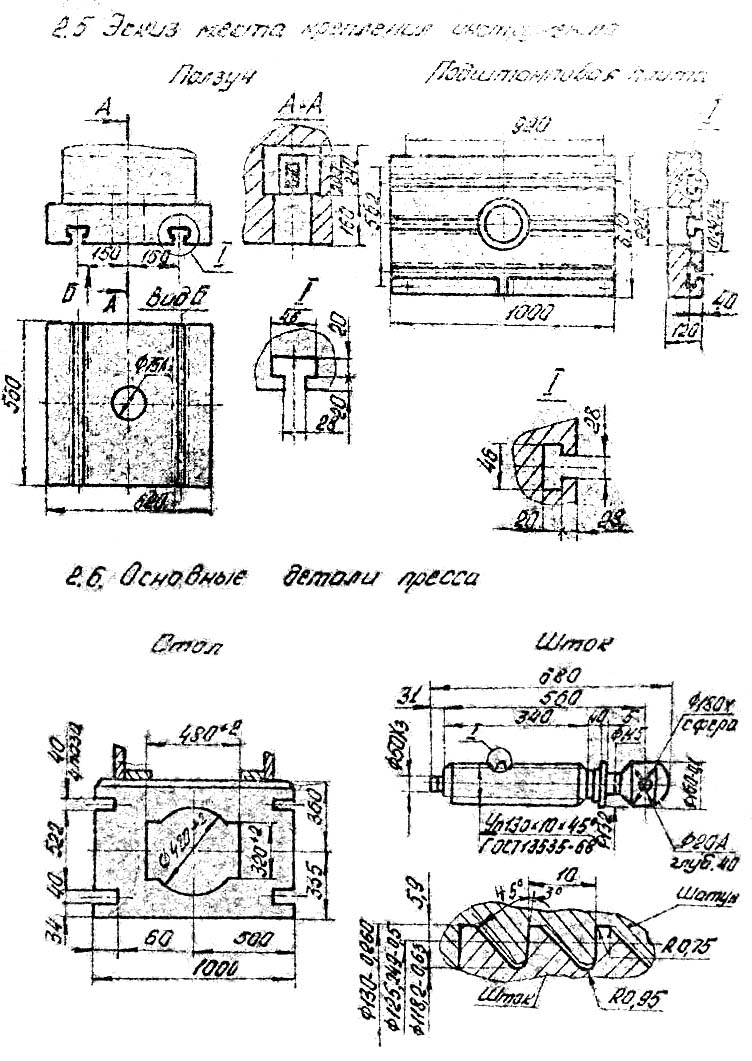 Ескізы мест крепления инструмента кривошипного пресса К2132